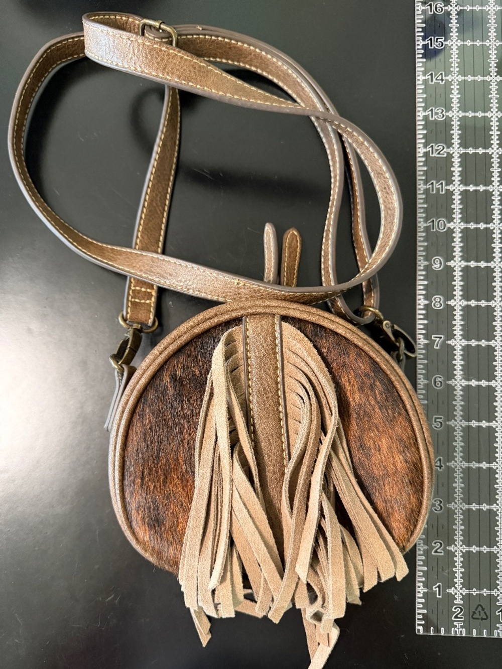 Tony Lama Hair On Hide With Suede Fringe Canteen Style Crossbody Bag Western